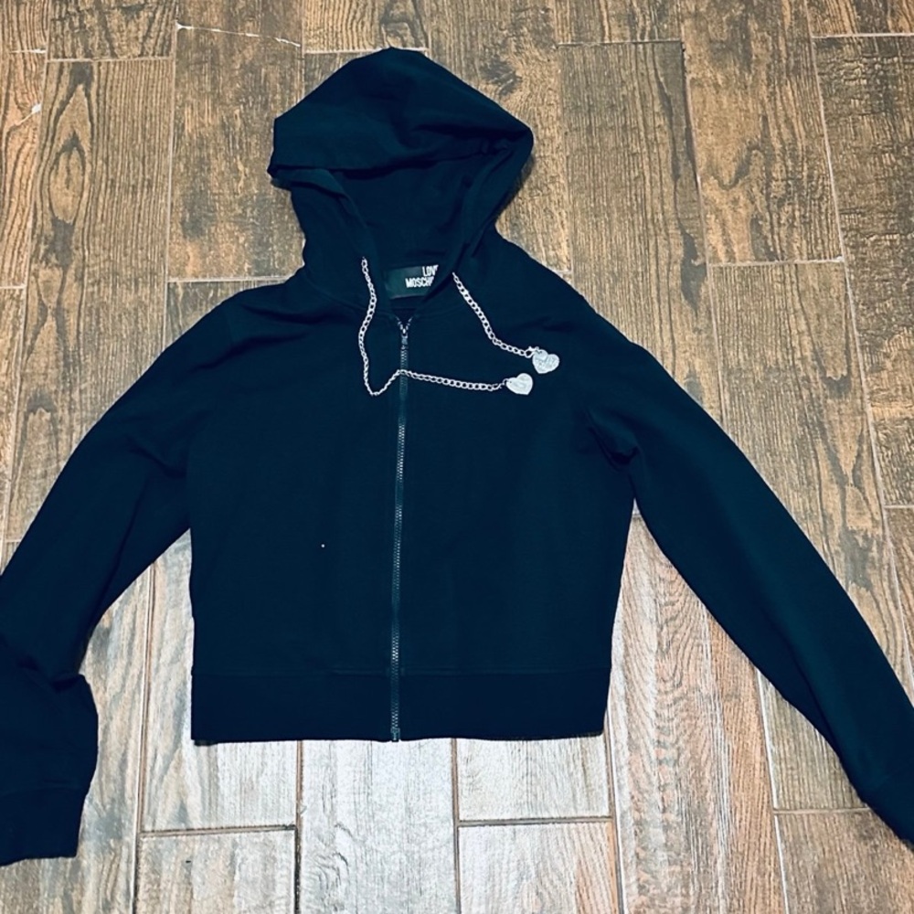 Love Moschino Black Zip up Hoodie with silver logo ties. Sz I 48 US 12
